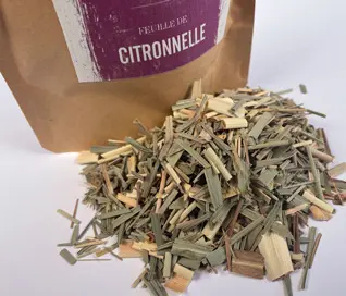 Tisanes Sacré français - Feuilles - Bien être - Citronnelle - La citronnelle ou verveine des Indes est une herbacée tropicale cultivée pour ses tiges et feuilles aux qualités aromatiques et gustatives.