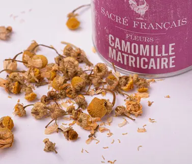 Tisanes Sacré français - Fleurs - Bien être - Camomille Matricaire - On utilise les feuilles séchées de la camomille matricaire qui ont une odeur puissante de pomme et de fleurs. En infusion, dans de l'eau frémissante (500 ml), jeter 2 cuillères à soupe de camomille matricaire, laisser infuser 10 minutes, puis filtrer.