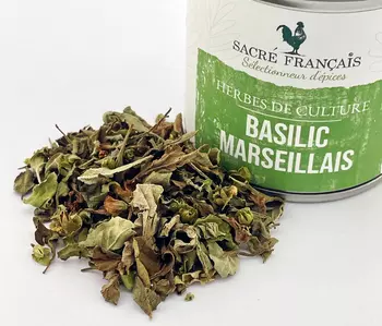 Aromates Sacré français - Herbes de culture - Feuilles - Basilic marseillais - La garrigue dans votre cuisine ! Cultivé sous le soleil généreux du Sud, notre basilic marseillais est séché à basse température afin de préserver toute la fraîcheur de ses arômes. Ses notes délicates et légèrement citronnées réveilleront vos papilles et apporteront une touche de soleil à vos plats.